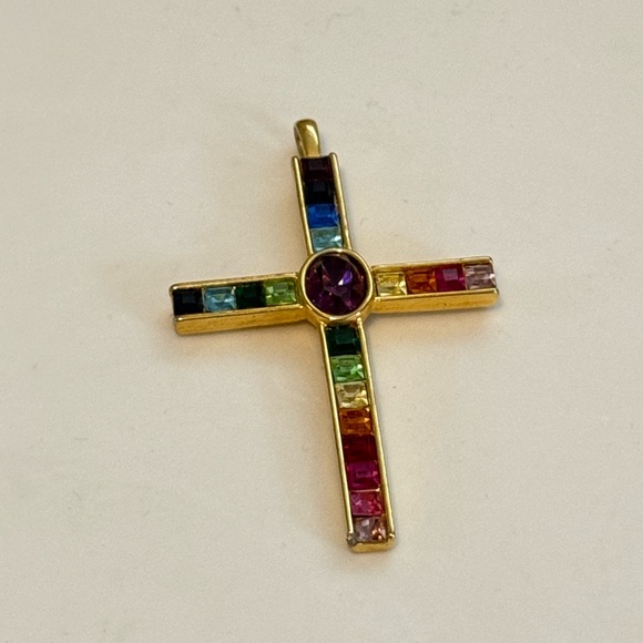 Multicolor Gemstone Gold Cross Pendant - Picture 3 of 7